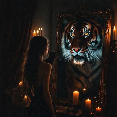 The primary subject of the image is a woman standing in front of a mirror. The setting is a dark room with a candlelit atmosphere. The visual style is a combination of a photo and a digital art, creating a unique and intriguing scene. The colors are predominantly dark, with the candlelight providing a warm and inviting ambiance.